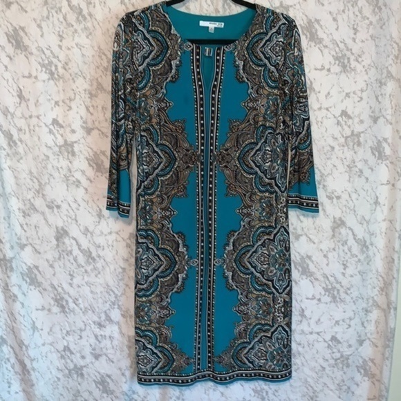 Studio One New York Long Sleeve Shift Dress Turquoise Paisley Print Size Small - Picture 1 of 9